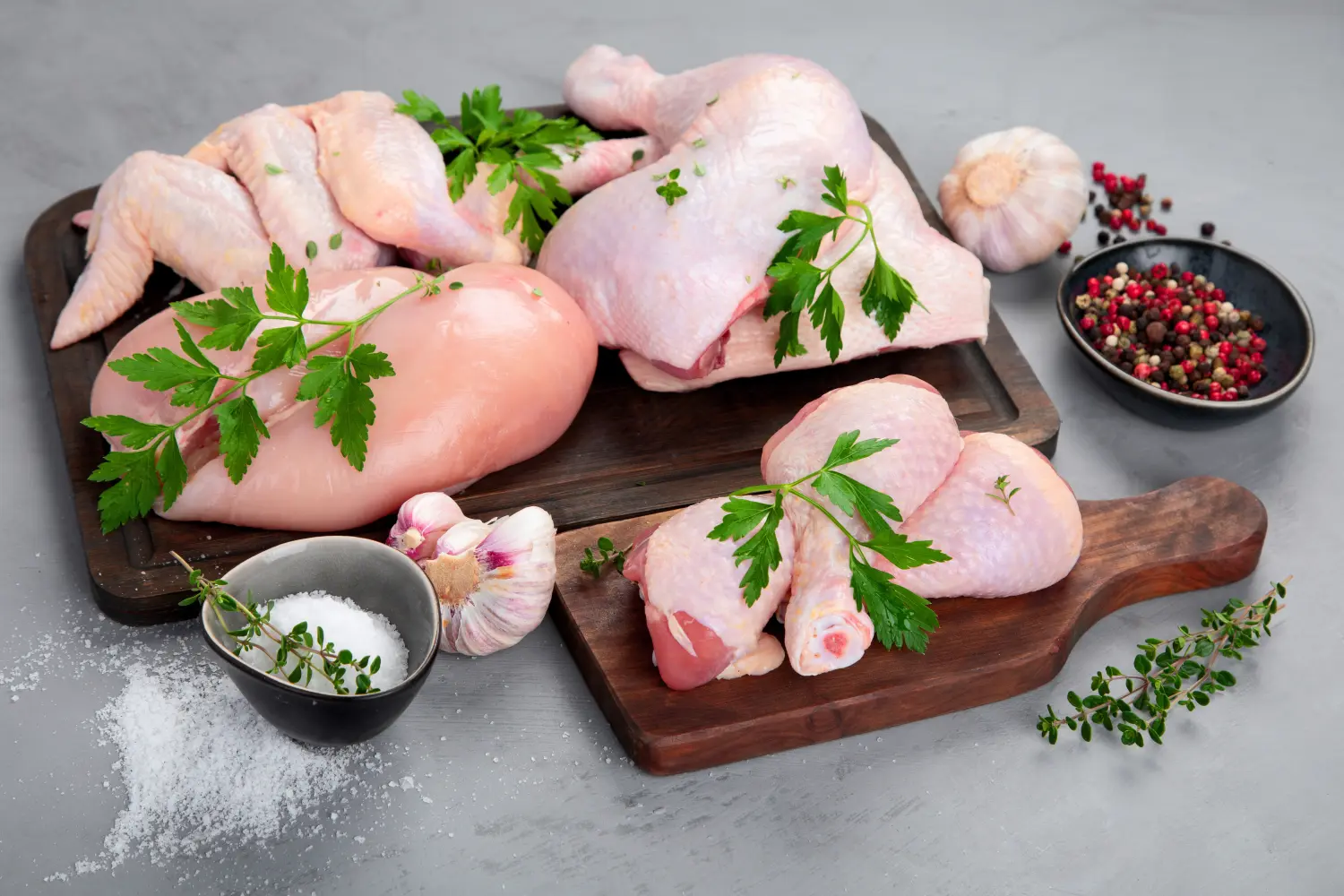 Rohe Hühnerfleischteile mit Gewürzen und Kräutern zum Kochen auf grauem Hintergrund